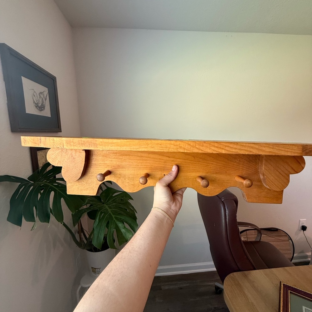 Wooden Wall Shelf with Hooks and Hearts